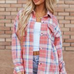 Pink Plaid Flap Pocket Button Up Shacket