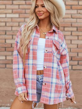Pink Plaid Flap Pocket Button Up Shacket