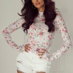 Pink Floral Long Sleeve High Neck Sheath Mesh Top