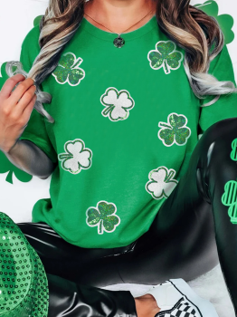 Bright Green St Patricks Sequined Clover Pattern T Shirt