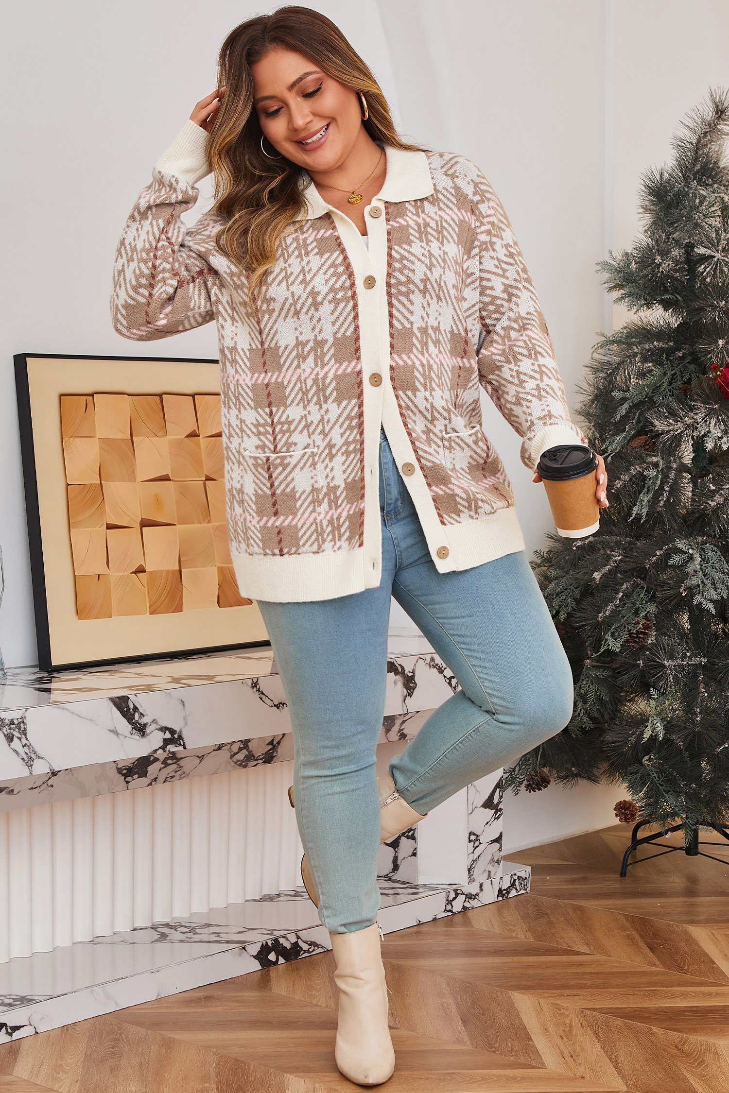 Khaki Vintage Pattern Ribbed Trim Button Front Plus Size Cardigan Sweater - Image 4