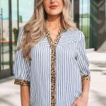 Sky Blue Stripe Leopard Trim V Neck Button Down Half Sleeve Shirt