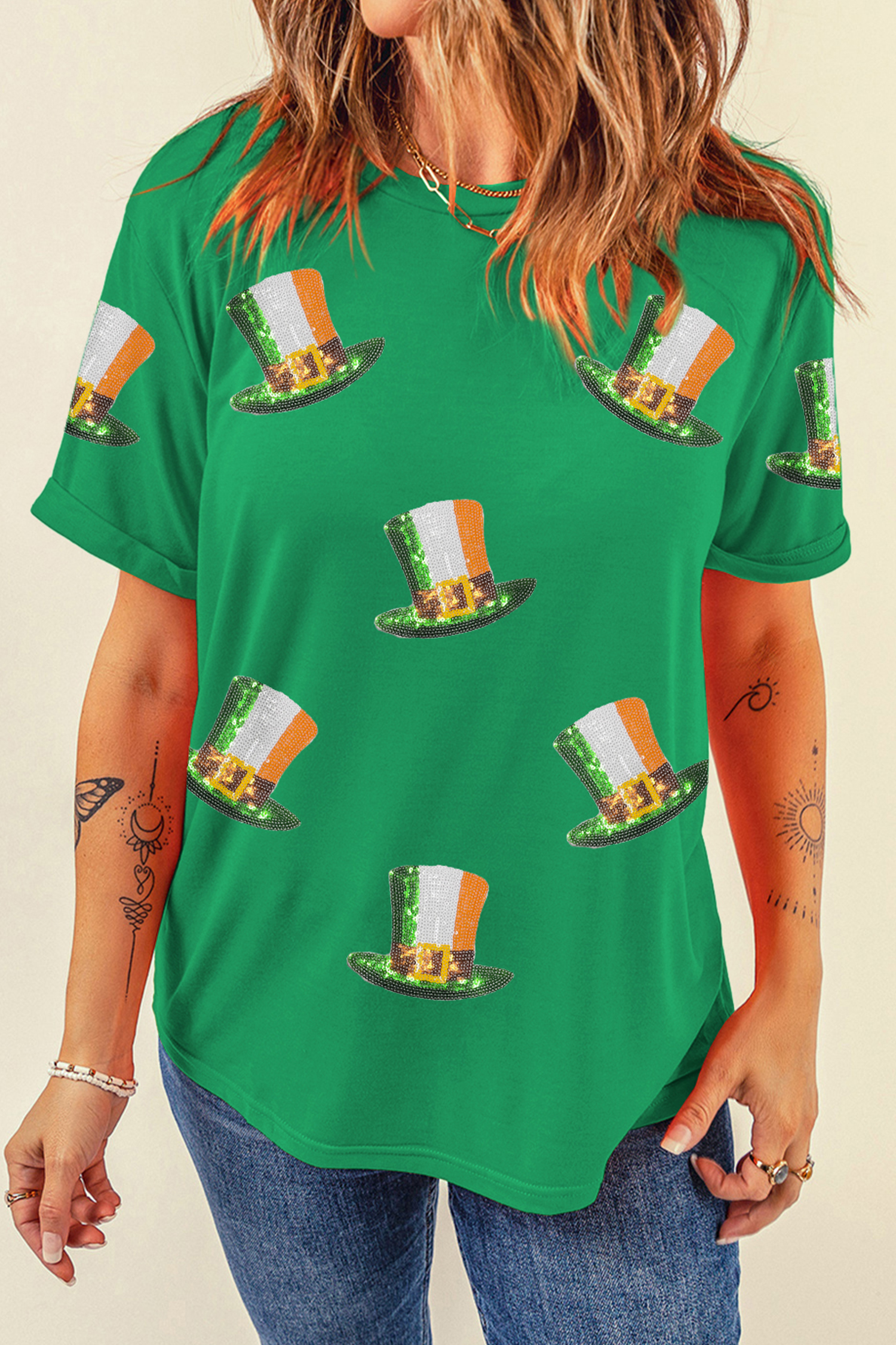 Bright Green Sequin St Patricks Day Hat Relaxed T Shirt - Image 2
