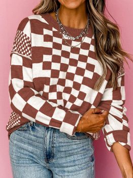 Brown Checkered Print Drop Shoulder Round Neck Sweater