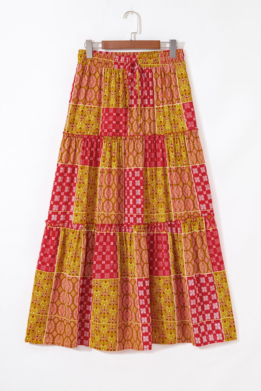 Orange Tiered Paisley Print Pocketed Maxi Skirt - Image 5