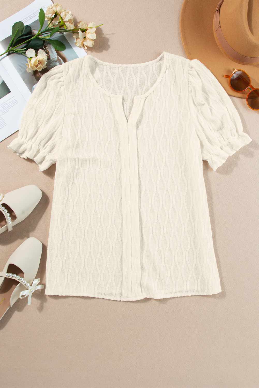 White Solid Color Textured Notched Neck Puff Sleeve Blouse - Image 5
