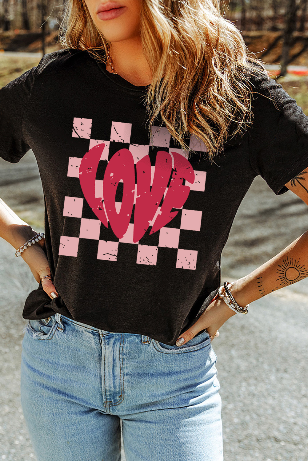 Black LOVE Checkered Graphic Valentine Tee - Image 3