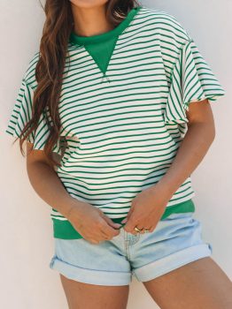 Bright Green Contrast Detail Striped Ruffle Short Sleeve Top