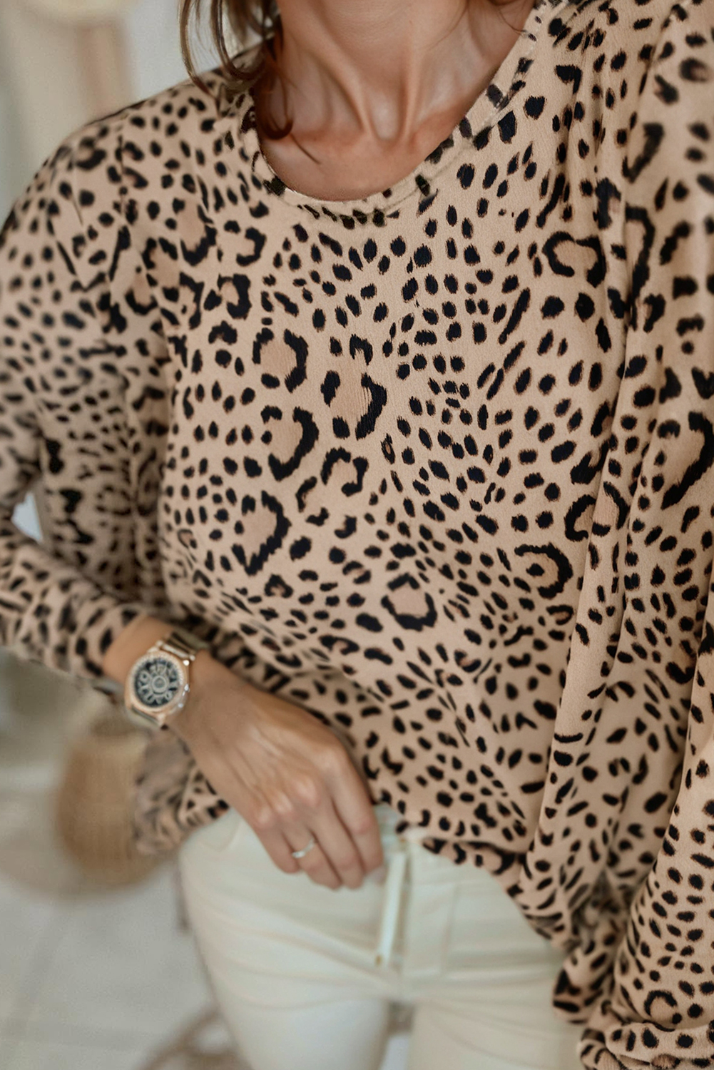 Khaki Leopard Print Long Batwing Sleeve Loose Top - Image 2
