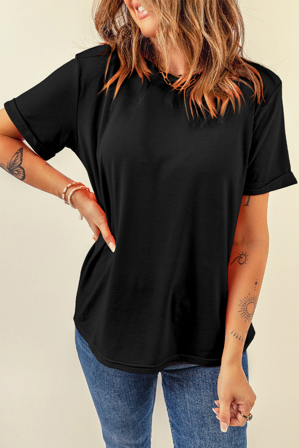 Black Casual Plain Crew Neck Tee - Image 3