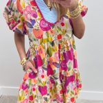 Rose Bright Floral Print Ricrac Trim Striped Patchwork V Neck Dress