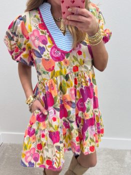 Rose Bright Floral Print Ricrac Trim Striped Patchwork V Neck Dress