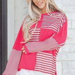Pink Stripe Color Block Patchwork Drop Shoulder Long Sleeve Tunic Top