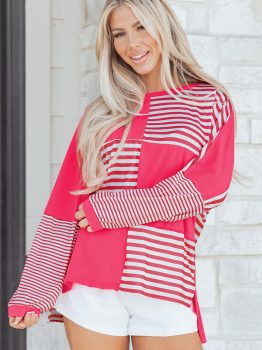 Pink Stripe Color Block Patchwork Drop Shoulder Long Sleeve Tunic Top