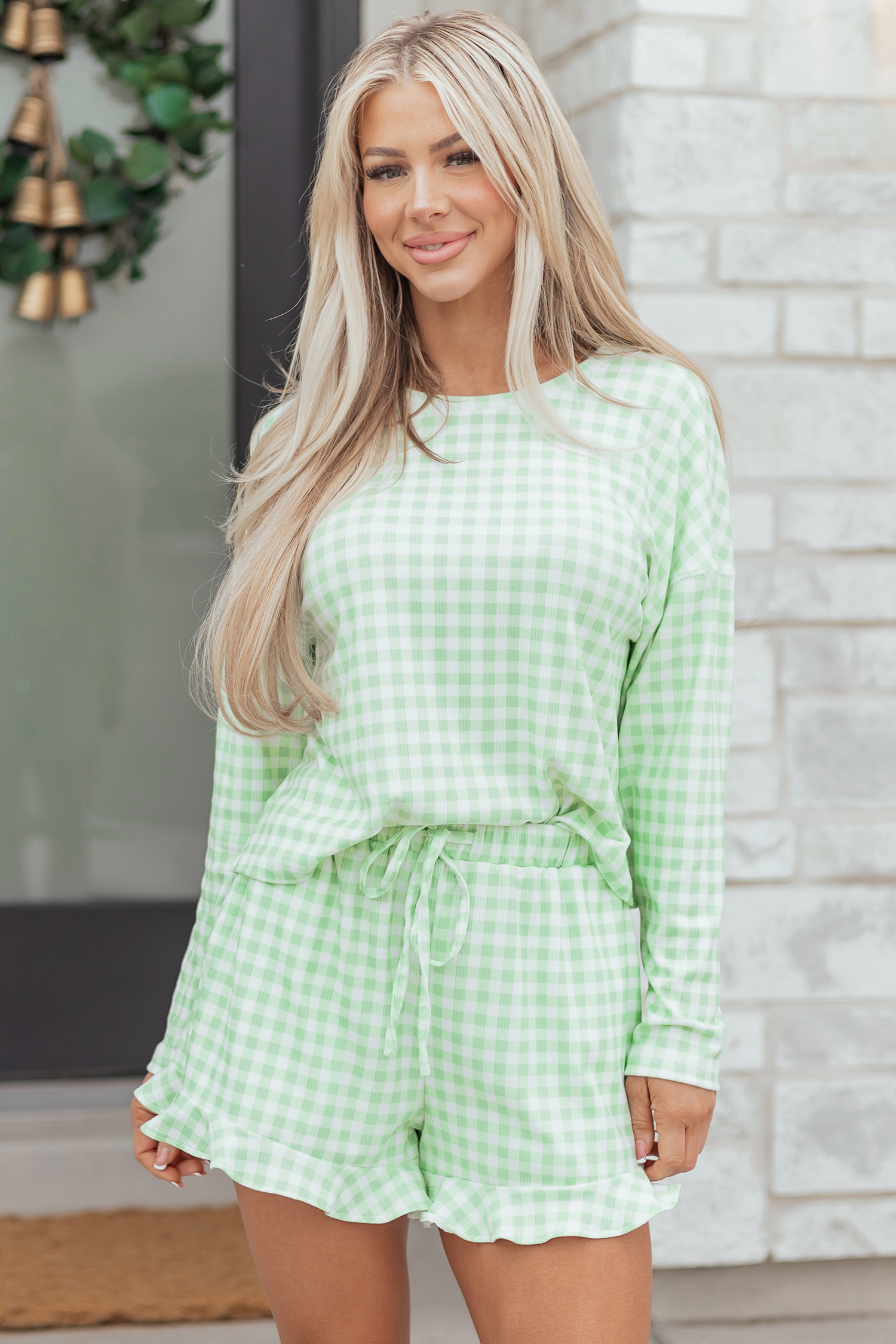 Green Gingham Long Sleeve Loose Top Drawstring Shorts 2pcs Lounge Set - Image 8