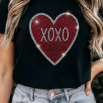 Black Rhinestone XOXO Heart Graphic Crewneck Tee