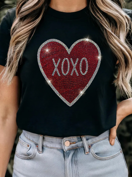 Black Rhinestone XOXO Heart Graphic Crewneck Tee
