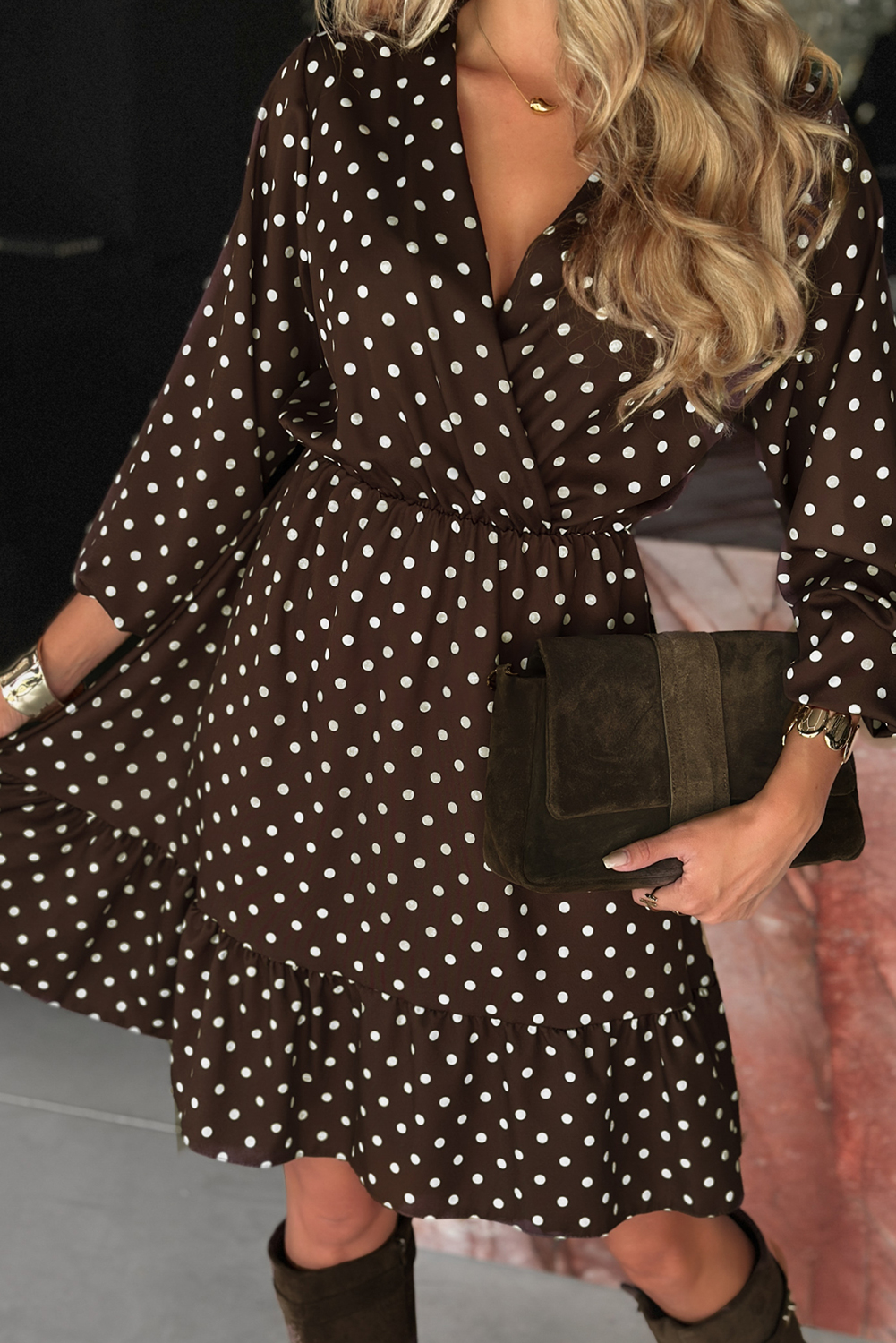 Chicory Coffee Polka Dot Long Sleeve Wrap V Neck Ruffle Hem Mini Dress - Image 5
