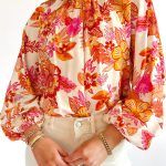 Orange Floral Print Pearl Button Keyhole Long Puff Sleeve Blouse