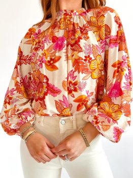 Orange Floral Print Pearl Button Keyhole Long Puff Sleeve Blouse