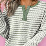 Green Stripe Textured Frilly Trim Buttons Henley Long Sleeve Top