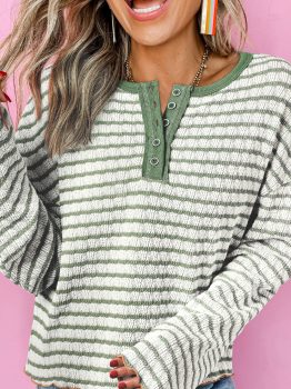Green Stripe Textured Frilly Trim Buttons Henley Long Sleeve Top