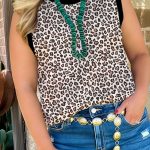 Khaki Contrast Trim Plus Size Leopard Vest