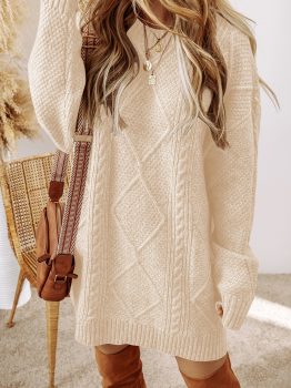 Oatmeal Cable Knit Drop Shoulder Loose Fit Sweater Dress
