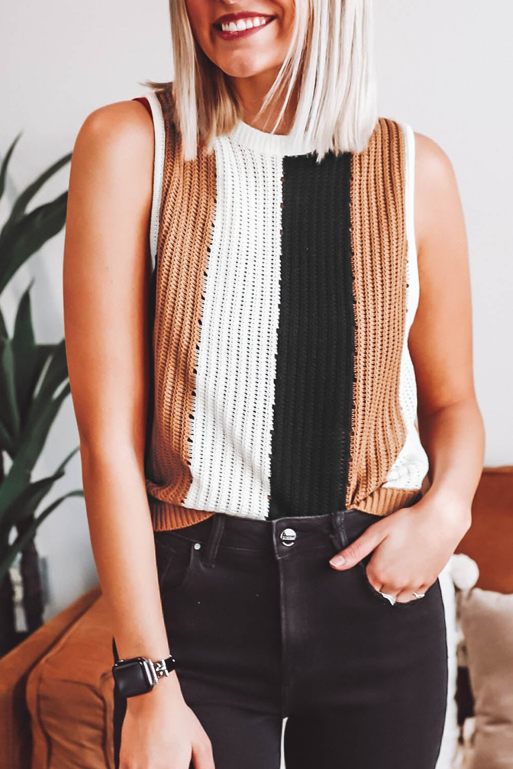 Khaki Stripe Color Block Sleeveless Knitted Sweater Vest - Image 7