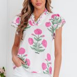 Pink Wild Flower Print Contrast Trim Scallop Detail Short Sleeve Blouse