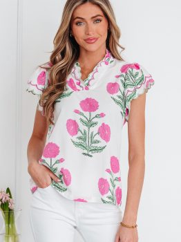 Pink Wild Flower Print Contrast Trim Scallop Detail Short Sleeve Blouse