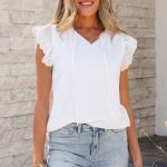 White Embroidered Ruffle Trim Textured Blouse
