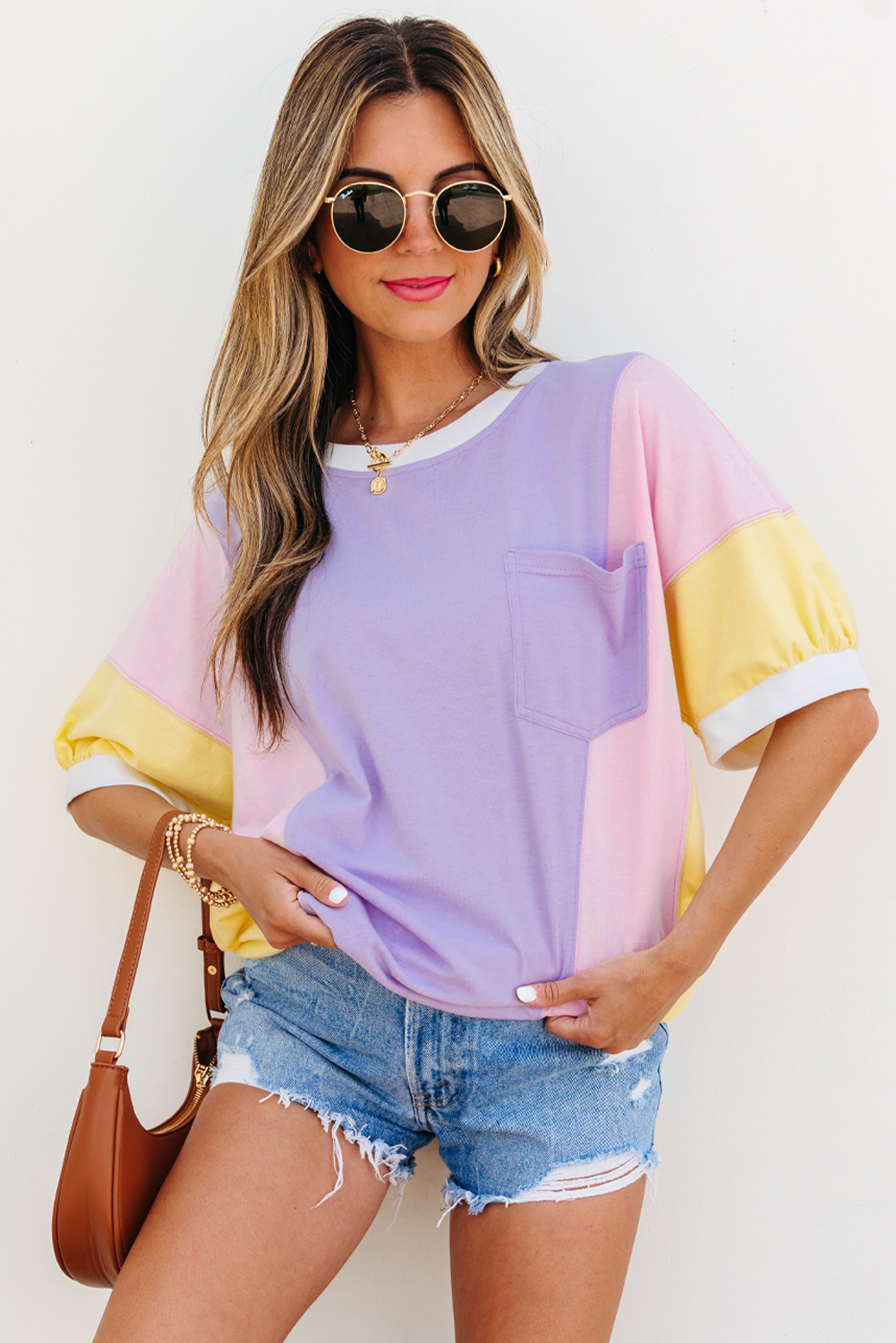 Purple Color Block Patchwork Half Sleeve Oversized T Shirt - Image 3
