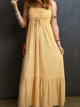 Yellow Frilly Smocked High Waist Floral Maxi Dress