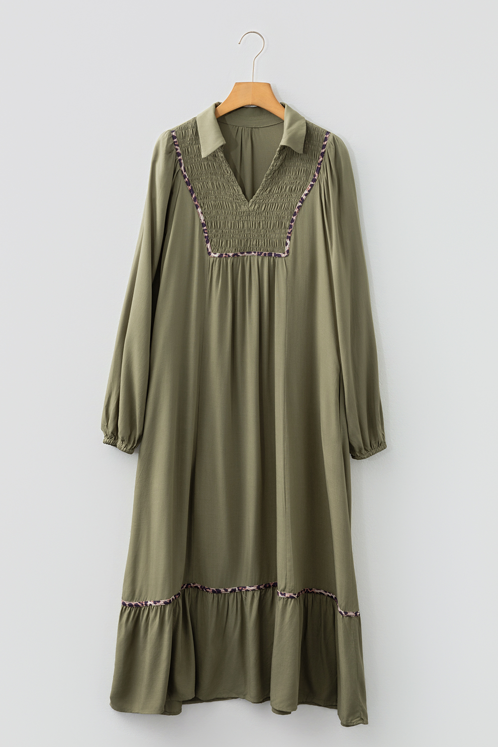 Four Leaf Clover Collared V Neck Smocked Detail Contrast Leopard Trim Bracelet Sleeve Long Dress - Image 4