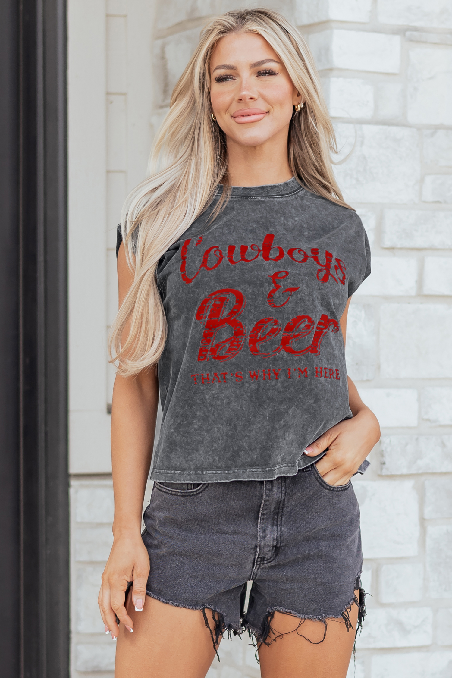 Sleet Cowboy & Beer Western Graphic Mineral Wash Tank Top - Image 3