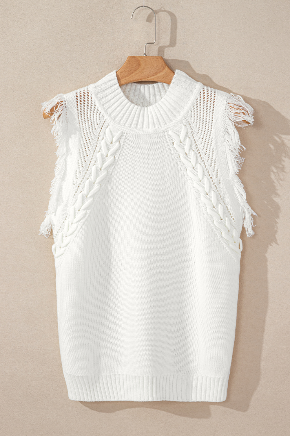 White Woven Tasseled Sleeveless Mock Neck Sweater Vest - Image 4