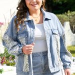 Beau Blue Leopard Patchwork Flap Detail Plus Size Denim Jacket