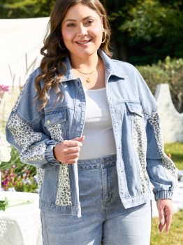 Beau Blue Leopard Patchwork Flap Detail Plus Size Denim Jacket