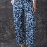 Blue Leopard Printed Drawstring Elastic Waistband Pocketed Wide Leg Jeans