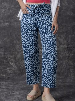 Blue Leopard Printed Drawstring Elastic Waistband Pocketed Wide Leg Jeans
