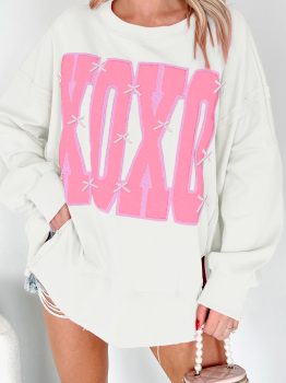 White Bow Sequin XOXO Letter Graphic Exposed Seam Baggy Sweatshirt