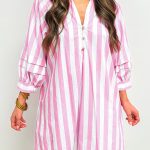 Rose Stripe Bracelet Sleeve Buttons Loose Mini Dress