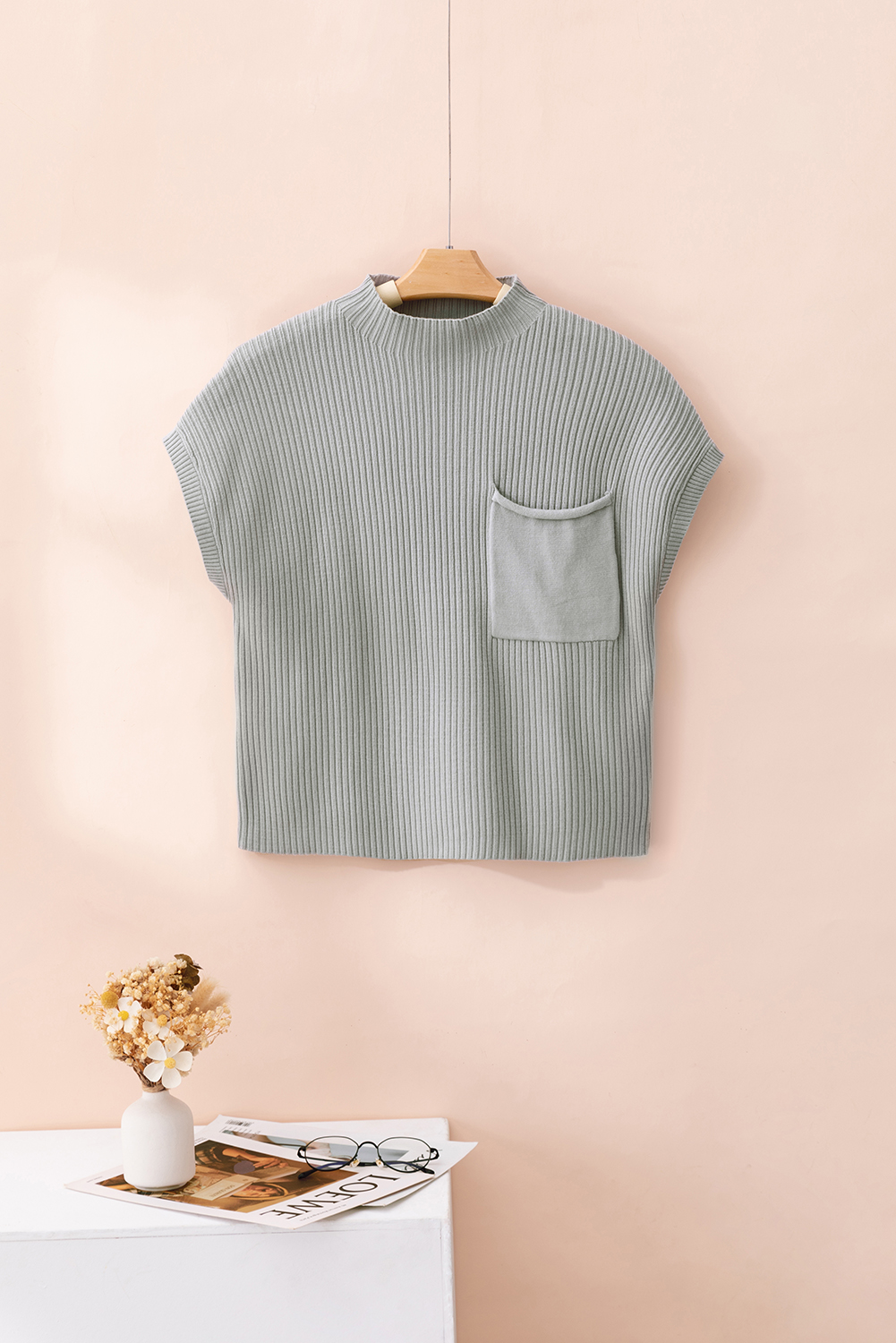Gray Patch Pocket Ribbed Knit Short Sleeve Sweater - Image 8