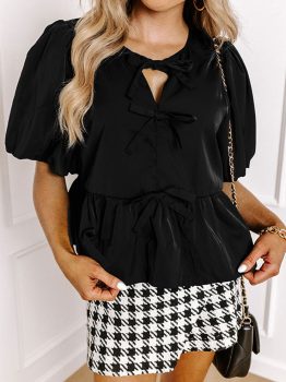Black Puff Sleeve Bowknot Front Peplum Blouse