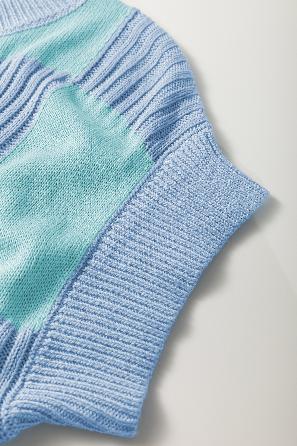 Light Blue Checkered Color Block Crew Neck Short Sleeve Sweater - Image 8