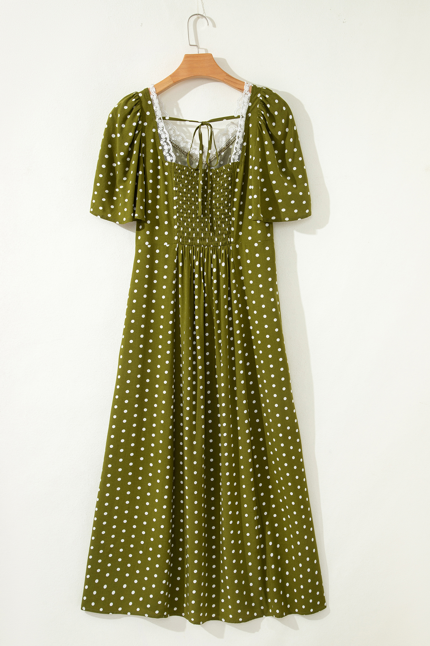 Green Polka Dot Print Lacy Neckline Smocked High Waist Maxi Dress - Image 6