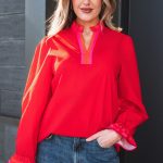 Fiery Red Striped Trim Ruffle Split Neck Long Sleeve Blouse
