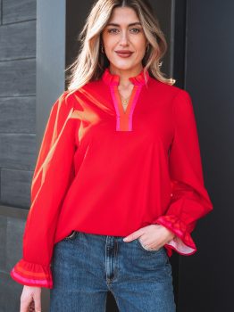 Fiery Red Striped Trim Ruffle Split Neck Long Sleeve Blouse