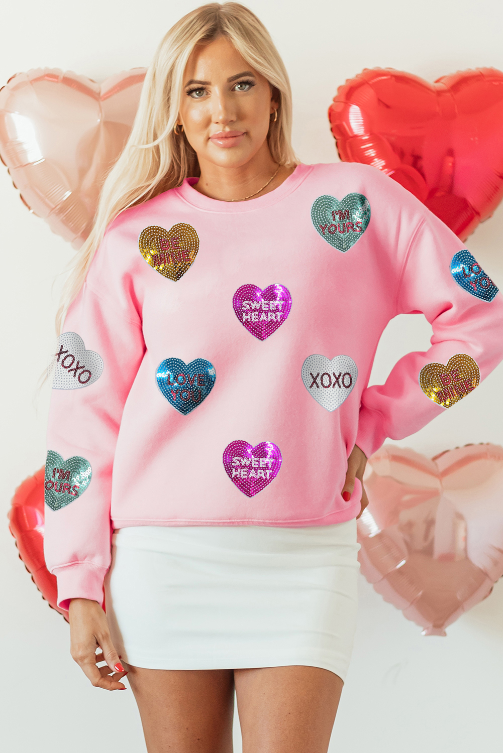 Pink Sequin Romantic Letters Heart Graphic Valentines Sweatshirt - Image 4